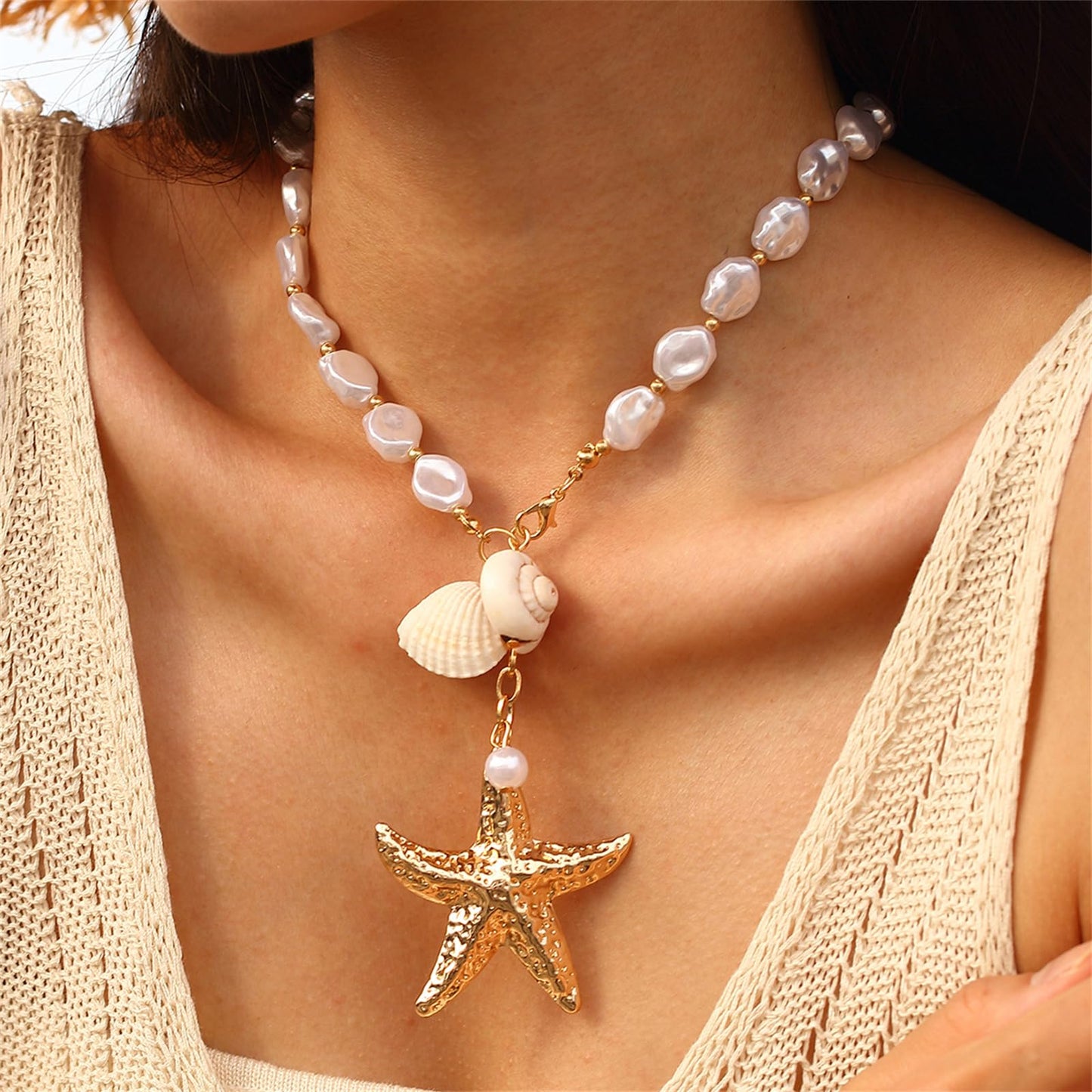 Boho Starfish Seashell Layered Necklace Gold Silver Plated Dainty Charm Double Layer Sea Shell Lucky Stars Ocean Animal Chain Necklace for Women Hawaiian Summer Beach Vacation Jewelry Gifts (Big starfish choker)