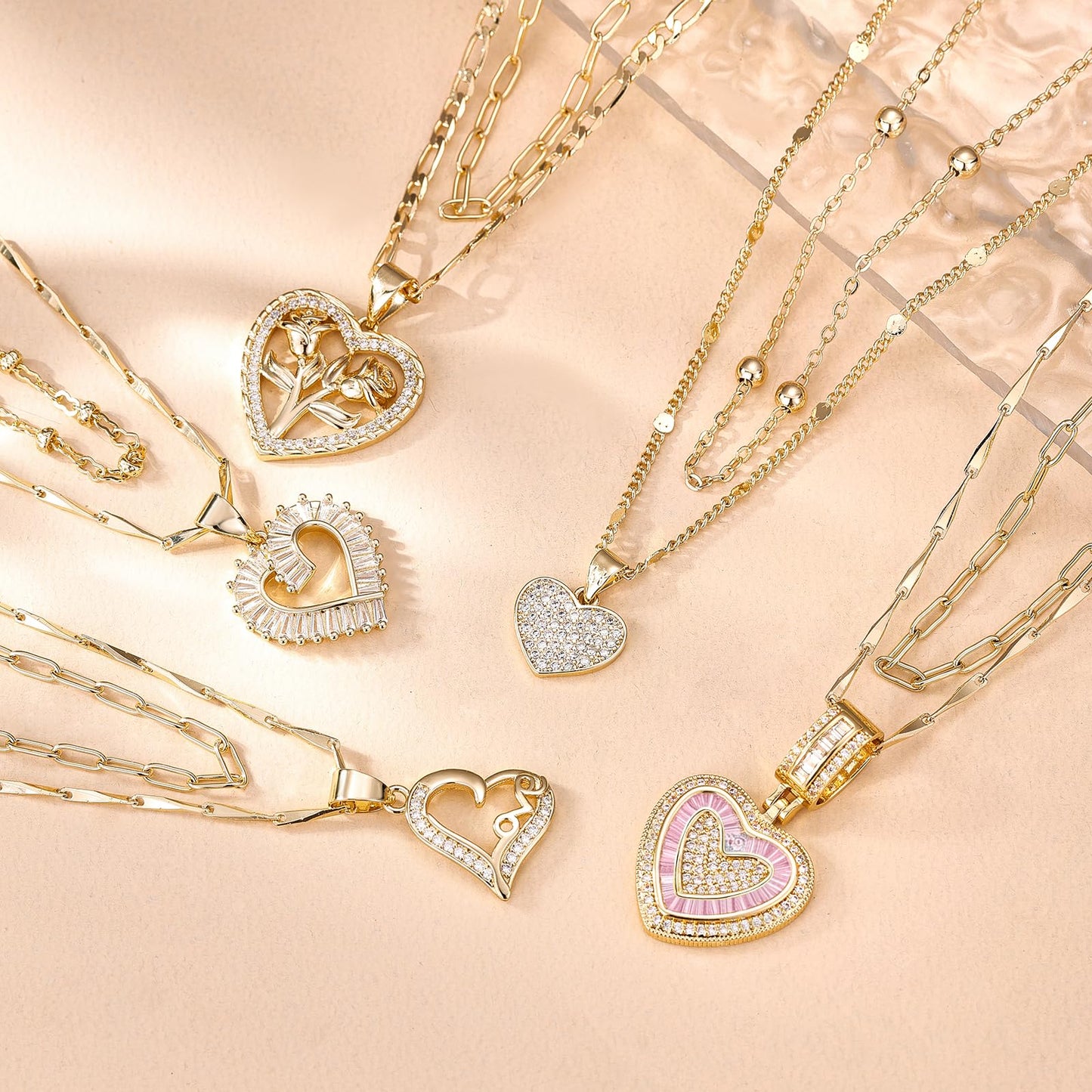 MEIITRUE Heart Necklaces for Women Trendy 14k Gold Plated Dainty Layered Necklace Set Cubic Zirconia Love Pendant Choker Thin Paperclip Chain Stackable Jewelry Gift Pink