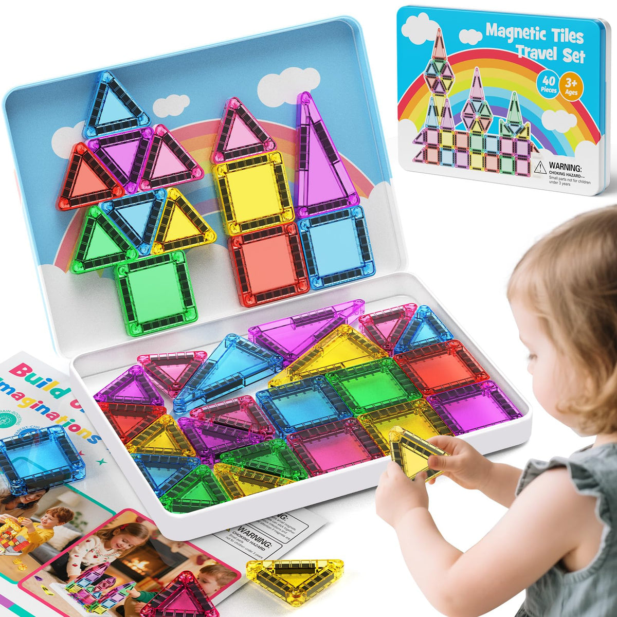 hunloot 40 Pieces Magnetic Tiles for Kids Ages 4-8, Travel Magnetic Building Blocks Set with Iron Box, STEM Outdoor Kids Toys Gift for Boys & Girls 3+ Year Old, Pocket-Sized Classroom Must Haves