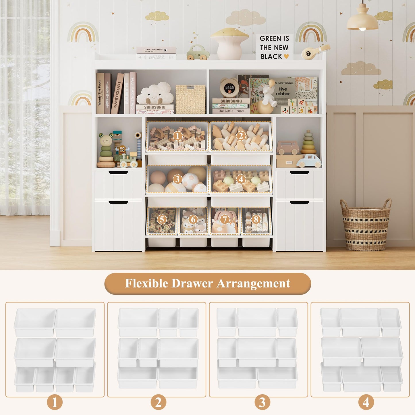 HORSTORS 55" W Toy Storage Organizer with Drawers, Large Kids Toy Storage Box with Removable Bins, Tall Kids Bookshelf and Bookcase for Boys and Girls, Modern Toy Chest for Playroom, Classroom, White
