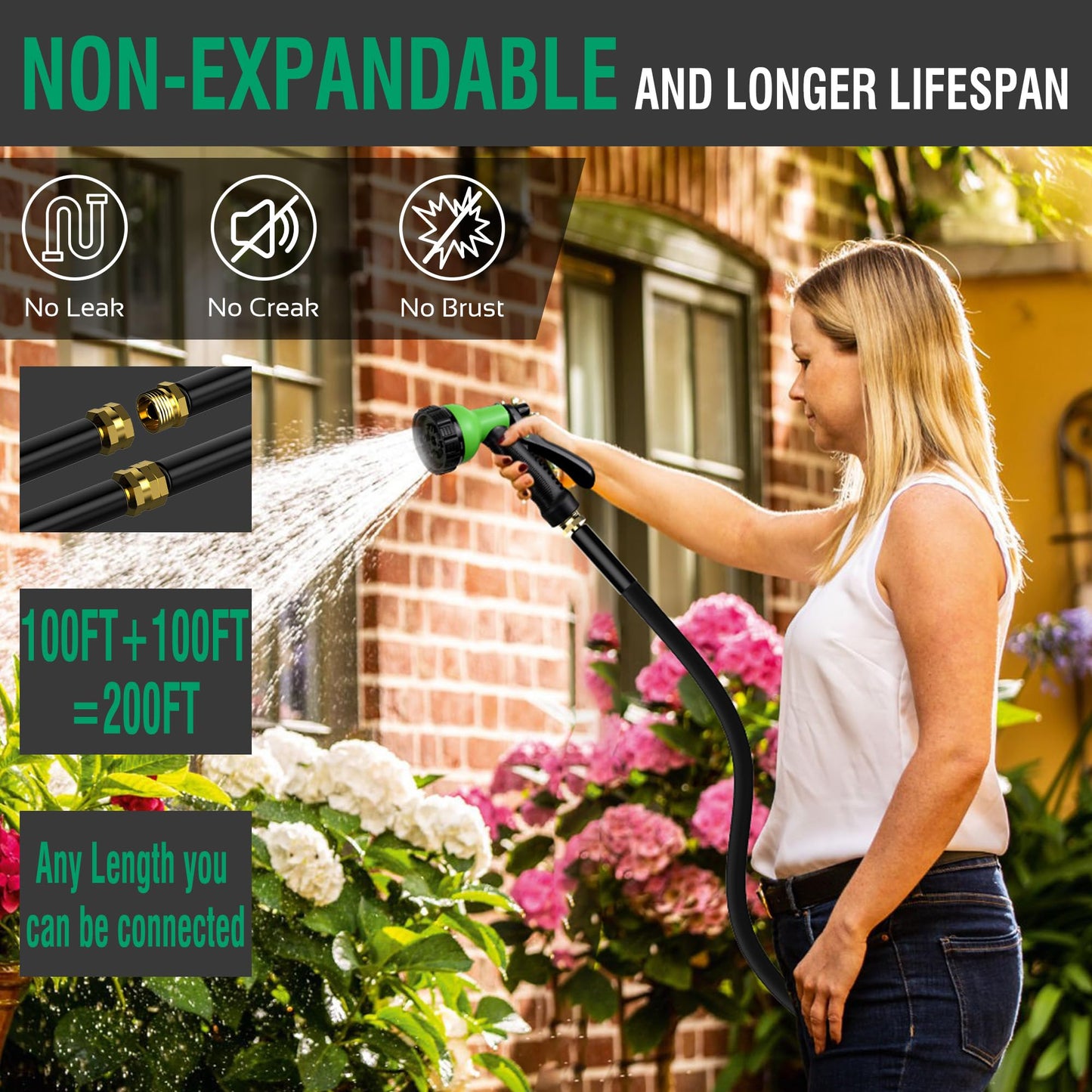 100FT Non-Expandable Garden Hose, Lightweight Flat Water Hose with 10-Function Spray Nozzle, 3/4" Metal Fittings, Kink-Resistant & Easy to Store for Garden, Yard, Car Wash (Black)