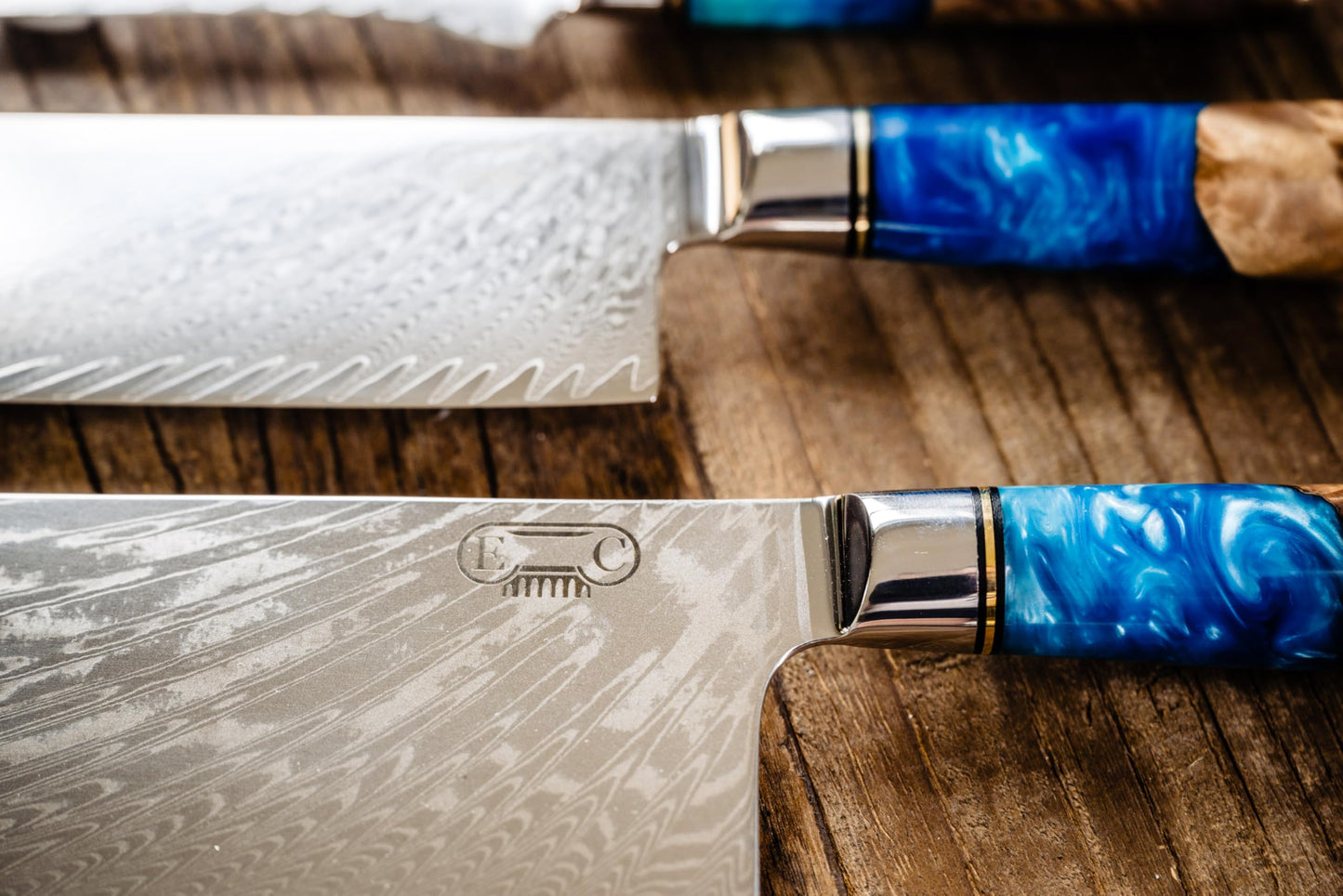 Epicurean Cook Damascus Kitchen Knife Set with VG10 Steel - 8-Piece Japanese Damascus Knife Set for Professional Performance - Ultra Sharp Chef Knives with Blue Resin Burl Wood Handles