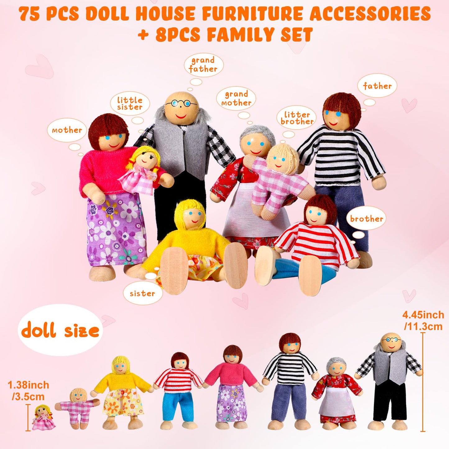 HyDren 83 Pcs Wooden Dollhouse Furniture Set with 8 Flexible Dolls for 5 Rooms Kits Kitchen, Dining, Living Room, Bedroom, Bathroom Dollhouse Accessories and Furniture Toys for Girl Boy Toddlers Gift