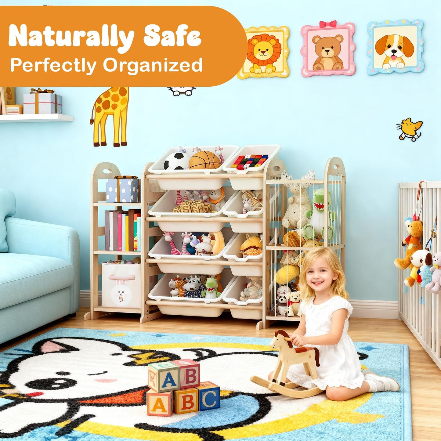 Wooden Toy Storage Organizer, Toy Organizers & Storage with Stuffed Animal Storage, Toy Storage Shelf with 3 Shelves, 8 Storage Bins, Kids Bookshelf, Toy Holder for Toddler Rooms, Playrooms, Bedrooms