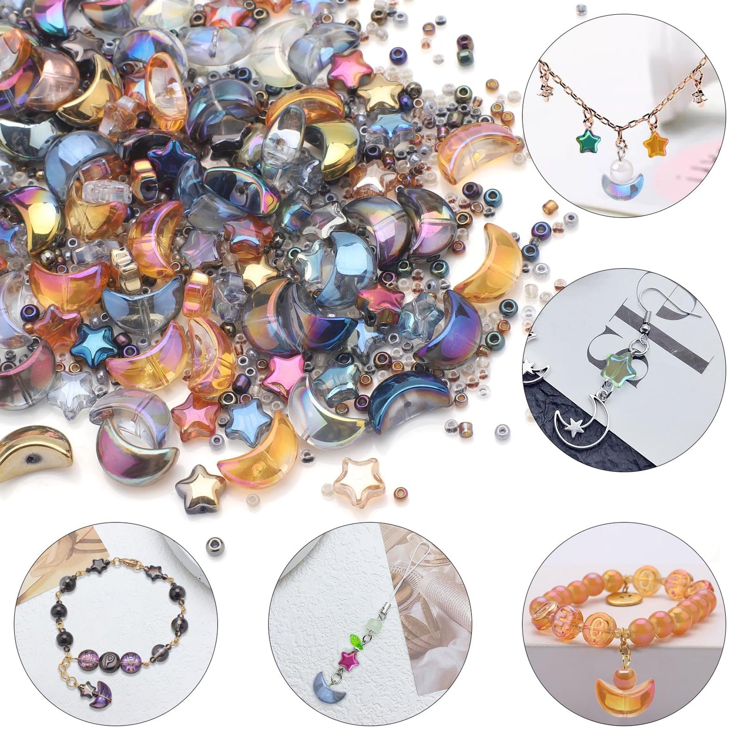 KINGSHINE 620pcs Mixed Star Moon Glass Beads for Jewelry Making, Shaped Star Moon Spacer Beads with Glass Seed Beads for DIY Supplies Bracelets Necklaces Earrings
