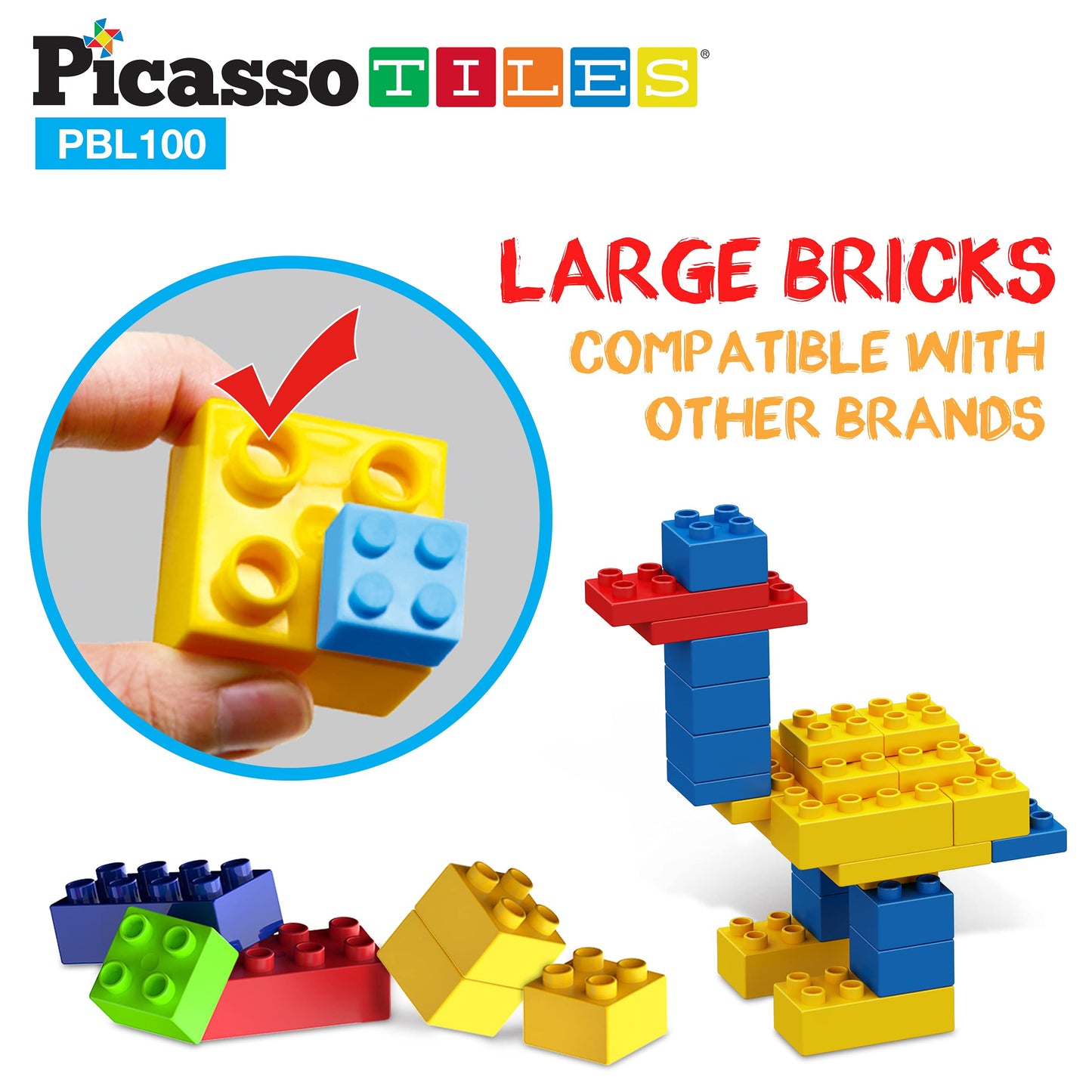 PicassoTiles 100 Piece Large Construction Brick Building Blocks STEM Bricks Toy Set Creative Learning Early Education Playset 5 Colors 4 Unique Shapes Mix & Match Toys for Kids Boys Girls Child Age 3+