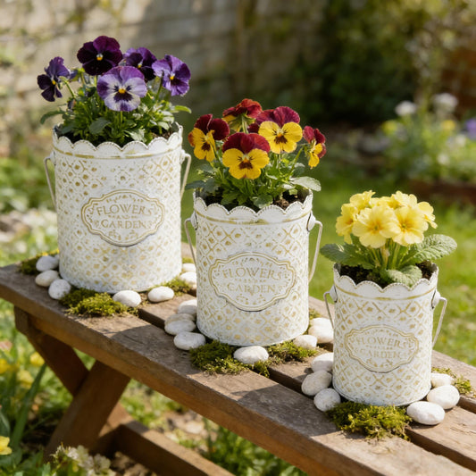3 Piece Vintage Metal Planter Set,Rustic Distressed Garden Plant Buckets Flower Pots with Handle,Farmhouse Floral Containers for Indoor Outdoor Home Gardening Tabletop Centerpieces Wedding Decor White