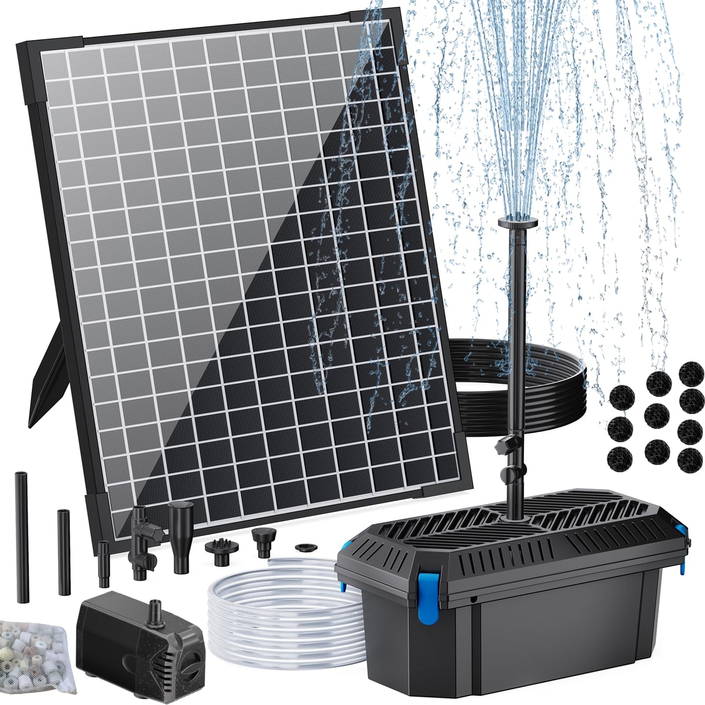 POPOSOAP 25W Solar Pond Filter with Water Pump, Solar Pond Filter Box with Water Flow Adjustable, Pond Pump with PVC Tubing for Outdoor Pond Fish Tank Waterfall Garden Water Feature-P3253