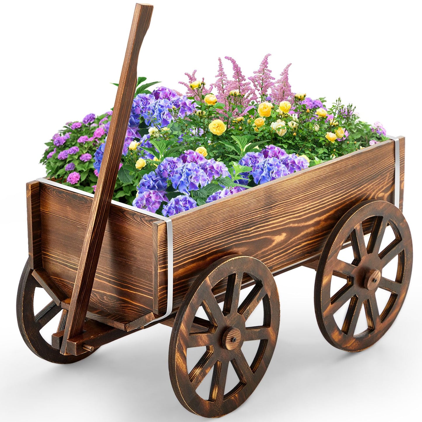 Beeveer Wooden Wagon Flower Planter Cart Garden Planter Box with Wagon Wheels Cart for Home Garden Outdoor Balcony Decorative, Patio Flowers Herbs Vegetables, Brown 34 x 23.5(Small Classic)