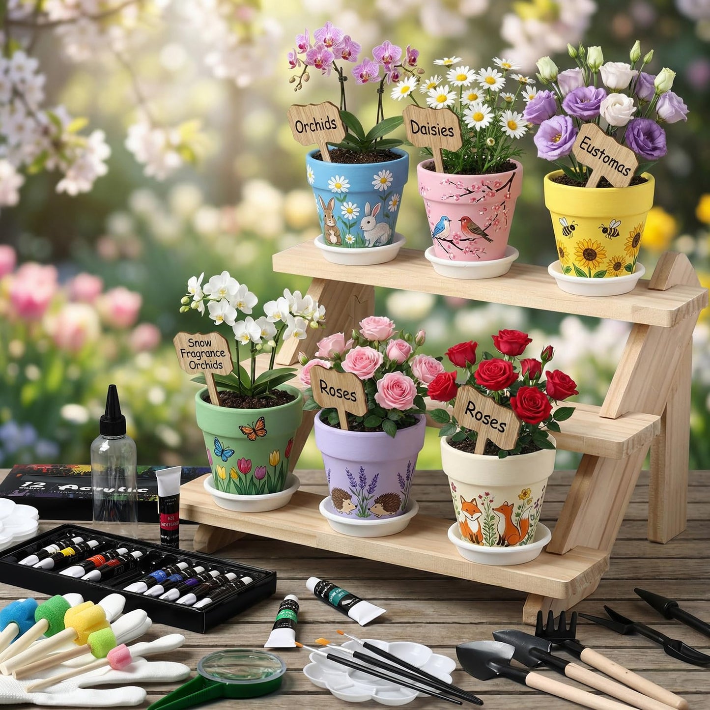Ferrochef 6 Sets DIY Flower Pot Painting Kit 6 White Terracotta Flower Pots with Saucer Planting Gardening Tools 12 Color Acrylic Paints Set Plant Growing Crafts Spring Garden Gift