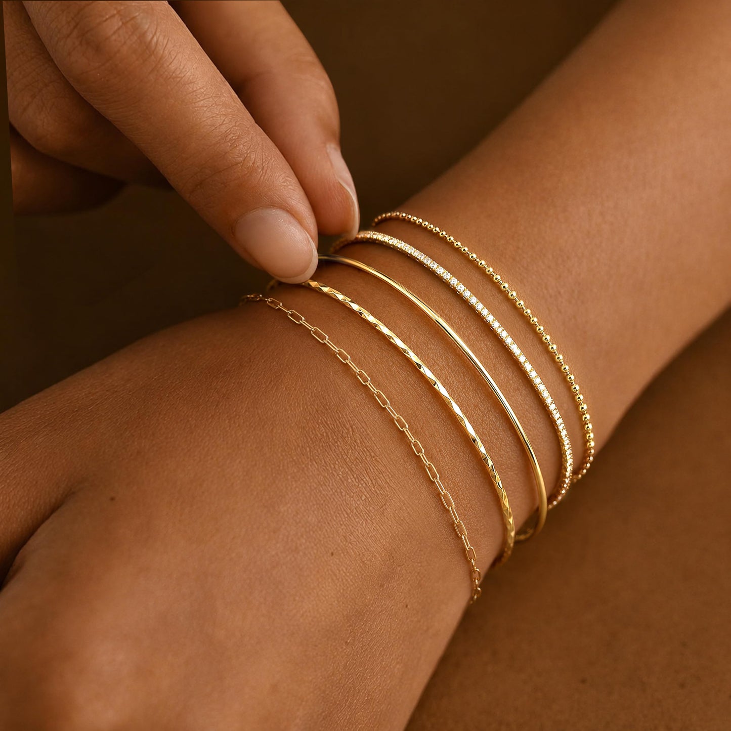 Gold Bracelets for Women 14K Gold Plated 5 Pcs Set - Dainty Stackable Waterproof Stainless Steel Jewelry - Minimalist Paperclip Beaded Tennis Bangle Bracelet Set for Women Gifts