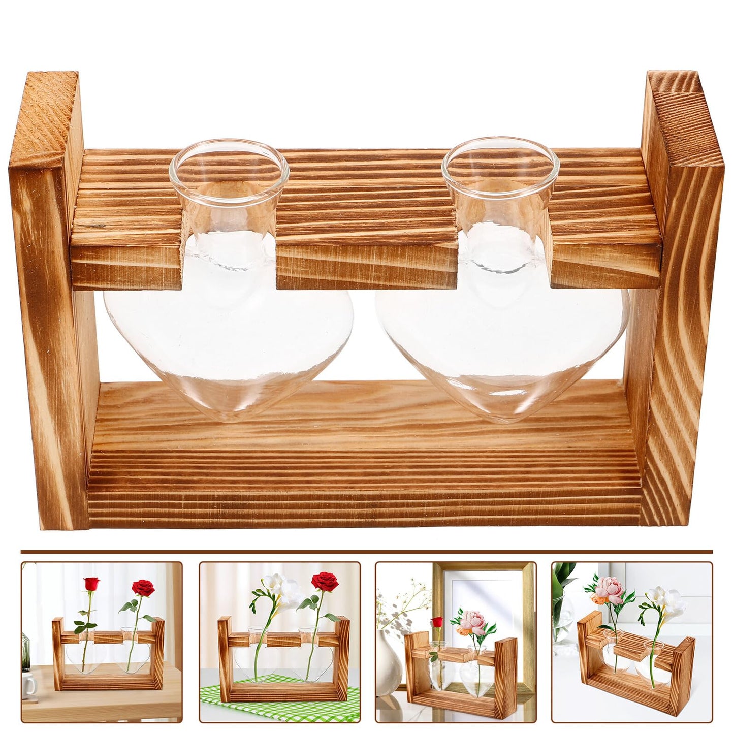 KESYOO Heart-Shaped Hydroponic Glass Planter Vase with Wooden Stand Glass Terrarium for Indoor Plants Home Décor Flower Pot Set with 2 Vases and Rustic Frame