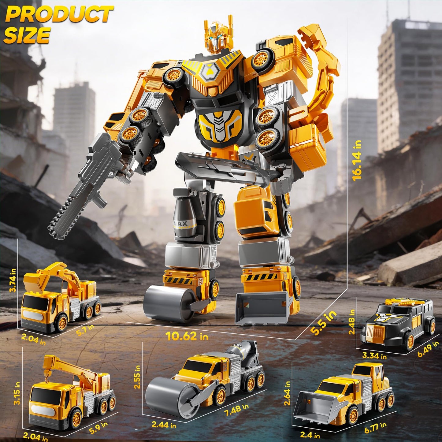 JUKUDAHU 5-in-1 Robot Toys Cars for Kids 3-5, Magnetism Transforming Robots, Detachable Construction DIY Assembling Vehicle Sets, Educational Toys for Boys Girls 3 4 5 6 7 8, Birthday Gifts(Yellow)