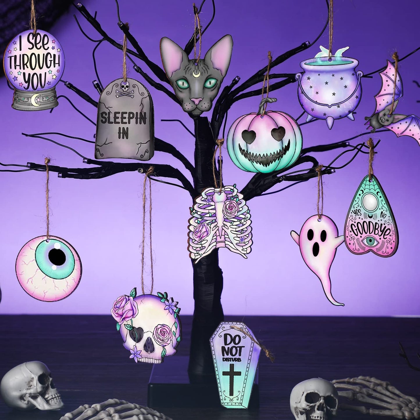 Maitys 36 Pcs Gothic Christmas Ornaments Wooden Horror Spooky Tree Ornaments Purple Pink Ghost Black Cat Skull Pumpkin Wood Cutouts with Rope Gothic Christmas Decor for Tree Home Wreath Party Gifts