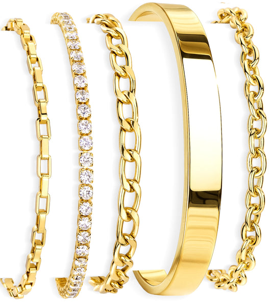 5PCS Gold Bracelet for Women Trendy, 14K Gold Plated Tennis Chain & Cuff Bracelets Set Dainty Cute Gold Stackable Bracelets Non Tarnish Gold Jewelry Set Gift