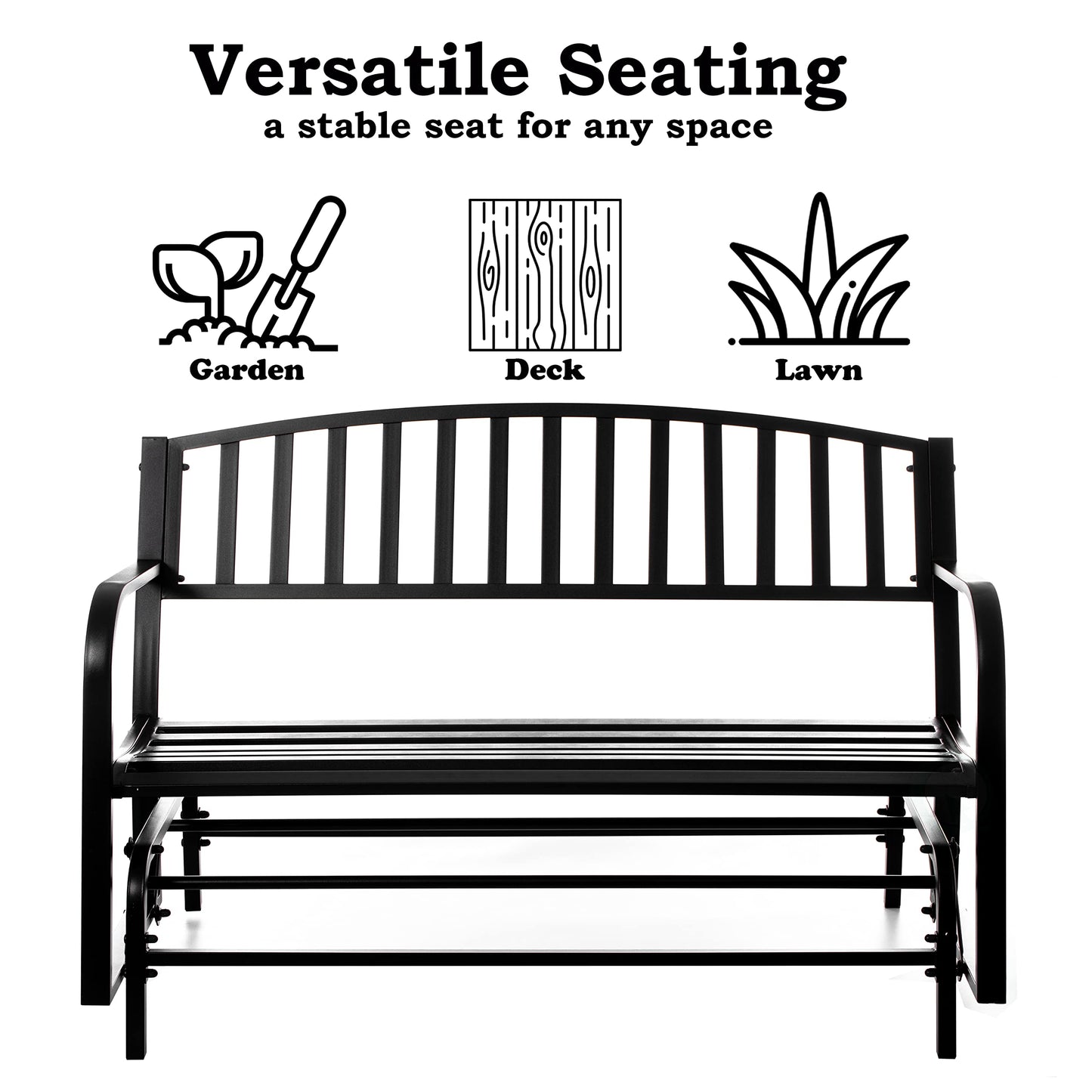 Gardenised QI003392 Outdoor Black Steel Swing, Powder Coated Glider Bench, Loveseat Lawn Rocker Bench for Yard, Patio, Garden and Deck