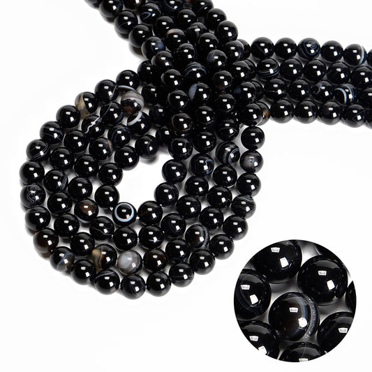 48Pcs 8mm Black Striped Agate Natural Round Loose Real Stone Beads Gemstone Genuine for DIY Hand Made Craft Jewelry Bracelet Earring Necklace String Making Energy Healing Power