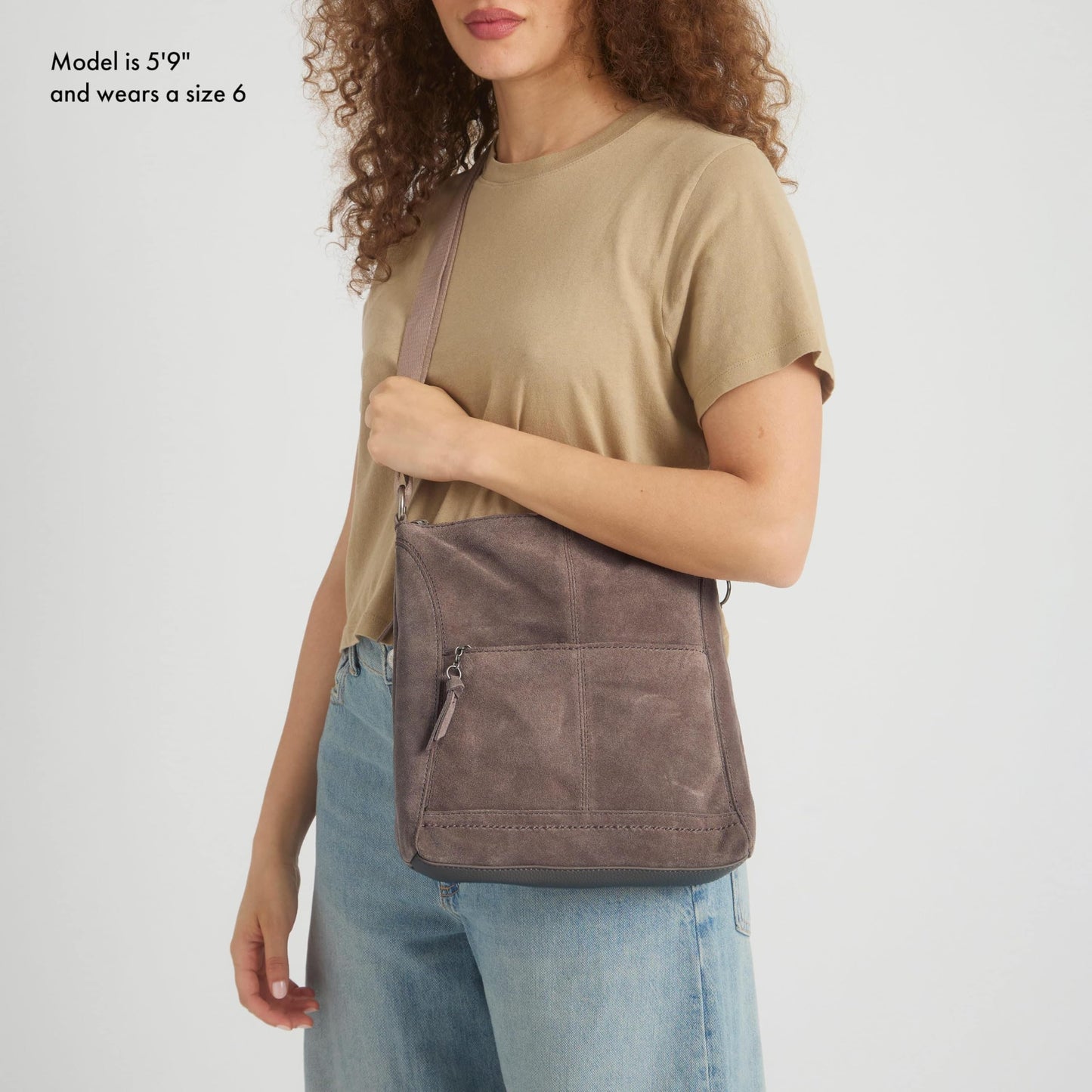 The Sak Lucia Crossbody Bag in Leather, Convertible Purse with Adjustable Strap, Mushroom Suede