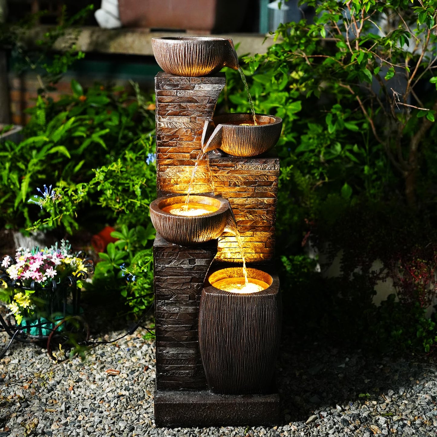 KAISOKU 38.2" Tall Outdoor Water Fountain,Stone Texture Modern 4 Tiers Cascading Bowls Garden Fountains Outdoor,Suit for Patio, Deck, Porch, Lawns, Backyard and Home Art Decor