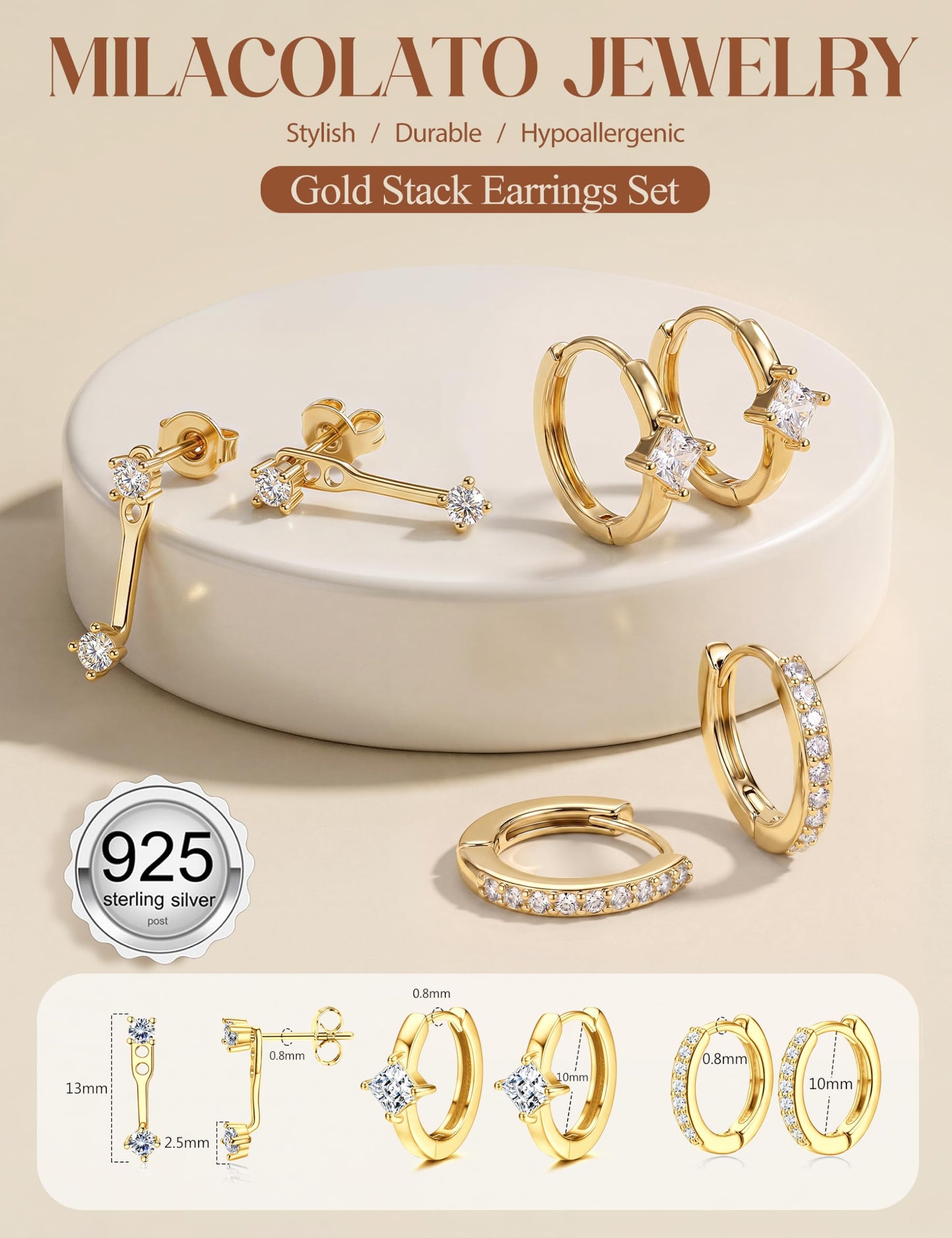 MILACOLATO 925 Sterling Silver Earrings for Women, 14K Gold Plated Small Huggie Hoop Earrings Sets for Multiple Piercing Hypoallergenic Jewelry, CZ Cartilage Earrings Stacks Trendy Jewelry Gifts, 3 Pairs