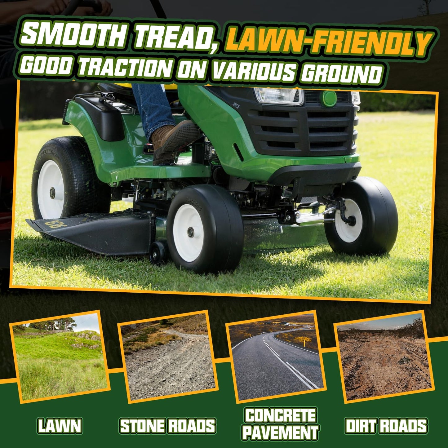 QILINGLORY 13x6.50-6 Flat Free Lawn Mower Tires and Wheel with 3/4" bearing bore Flat-Free, with 5/8” Bearings & Spacers, Fits Riding Mower, Zero Turn, Garden Tractor, 500 lbs Capacity, 2-Pack