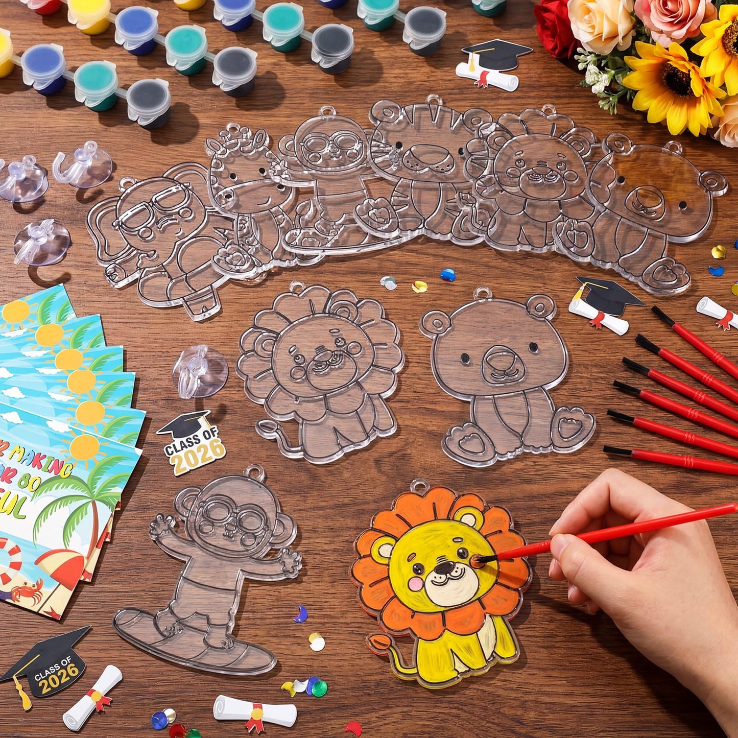 Kathfly 24 Sets /146 Pcs End of Year Gifts for Kids Suncatchers Craft Kit Create Your Own Window Paint Art Animals Beach Ocean Palm Themed Sun Catchers Craft Kits for School Graduation Party Exchanges