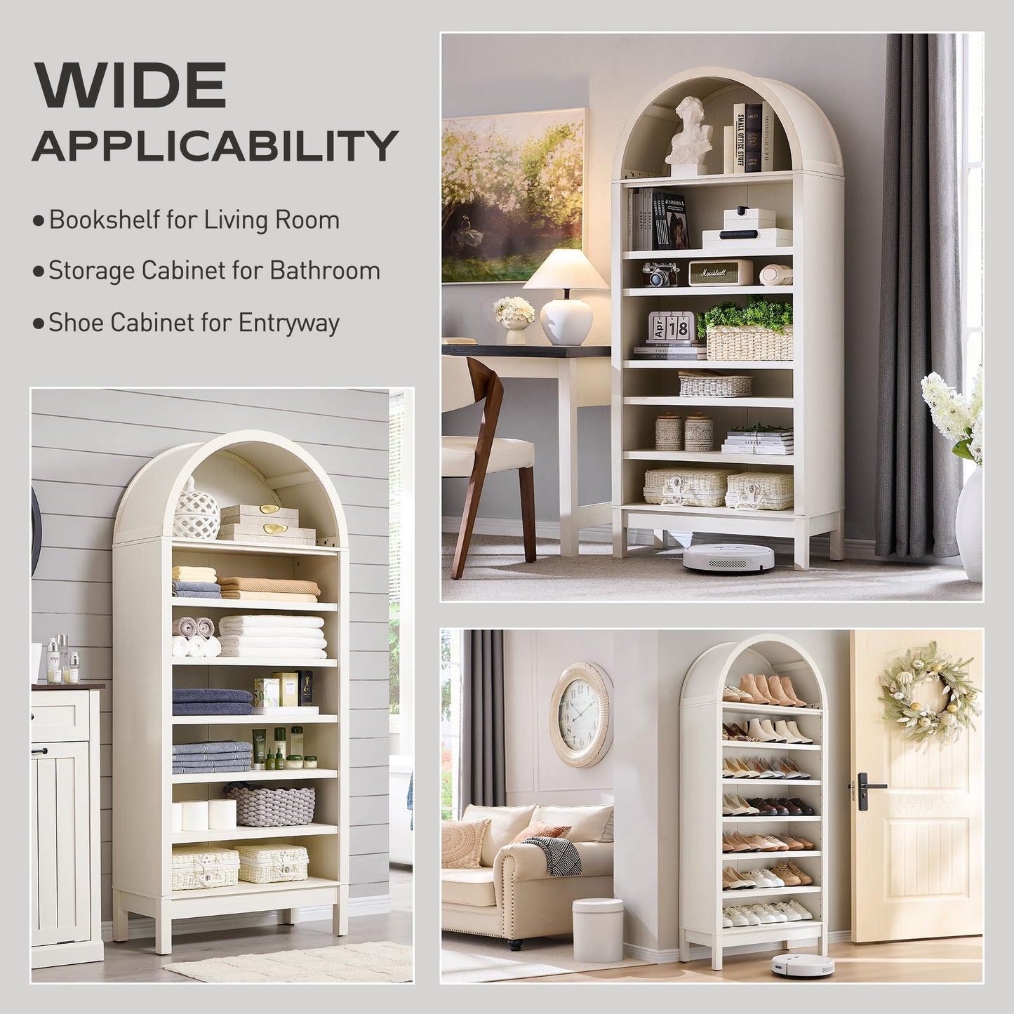 IFGET 71" Tall Arched Bookshelf, 7 Tiers Arch Bookcase with Storage, Modern Farmhouse Book Shelf with Adjustable Shelves, Wood Bookshelf w/Open Display Shelves for Living Room, Office (Antique White)