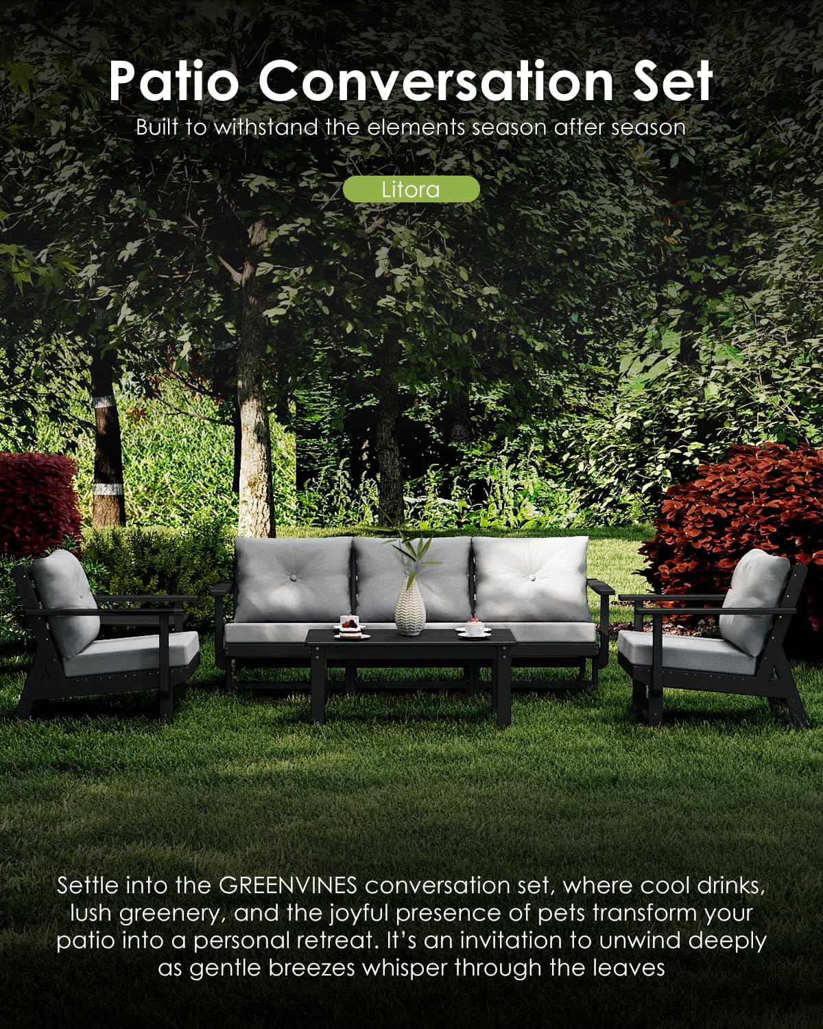 GREENVINES 6-Piece-Patio-Furniture-Set | HDPE Plastic | Outdoor Sectional Conversation Sets | All-Weather Couch | Sofa with Coffee Table | Detachable Armrests | for Deck Lawn | Black
