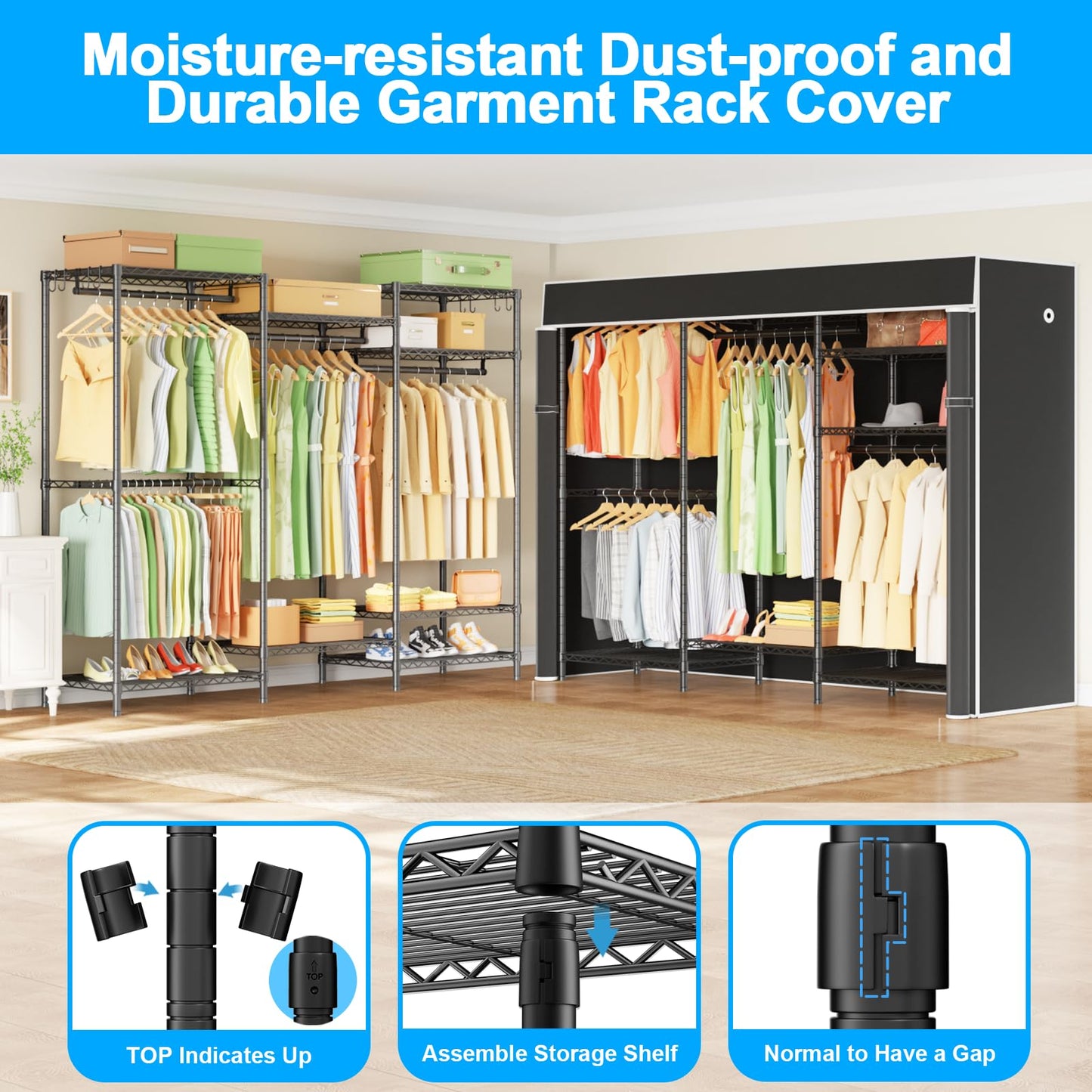 Ulif E13C Heavy Duty Closet Organizer System，Freestanding Clothing Racks for Hanging Clothes，Adjustable Garment Rack 63" W x 16" D x 77" H Hold 960 lbs，Black Clothing Rack with Black Dustproof Cover