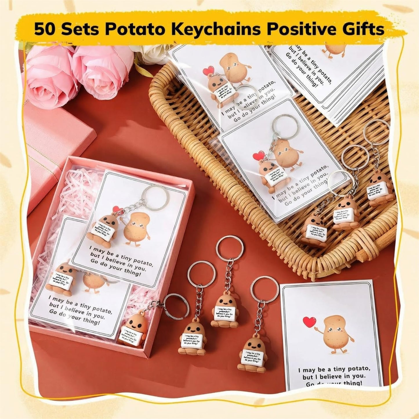 Gejoy 150 Pcs Positive Potato Keychain Gift Set Include 50 Mini Rubber Potato Keychains 50 Motivational Card 50 Bags Motivational Emotional Gifts for Employee Coworker Staff Teacher Team Friends