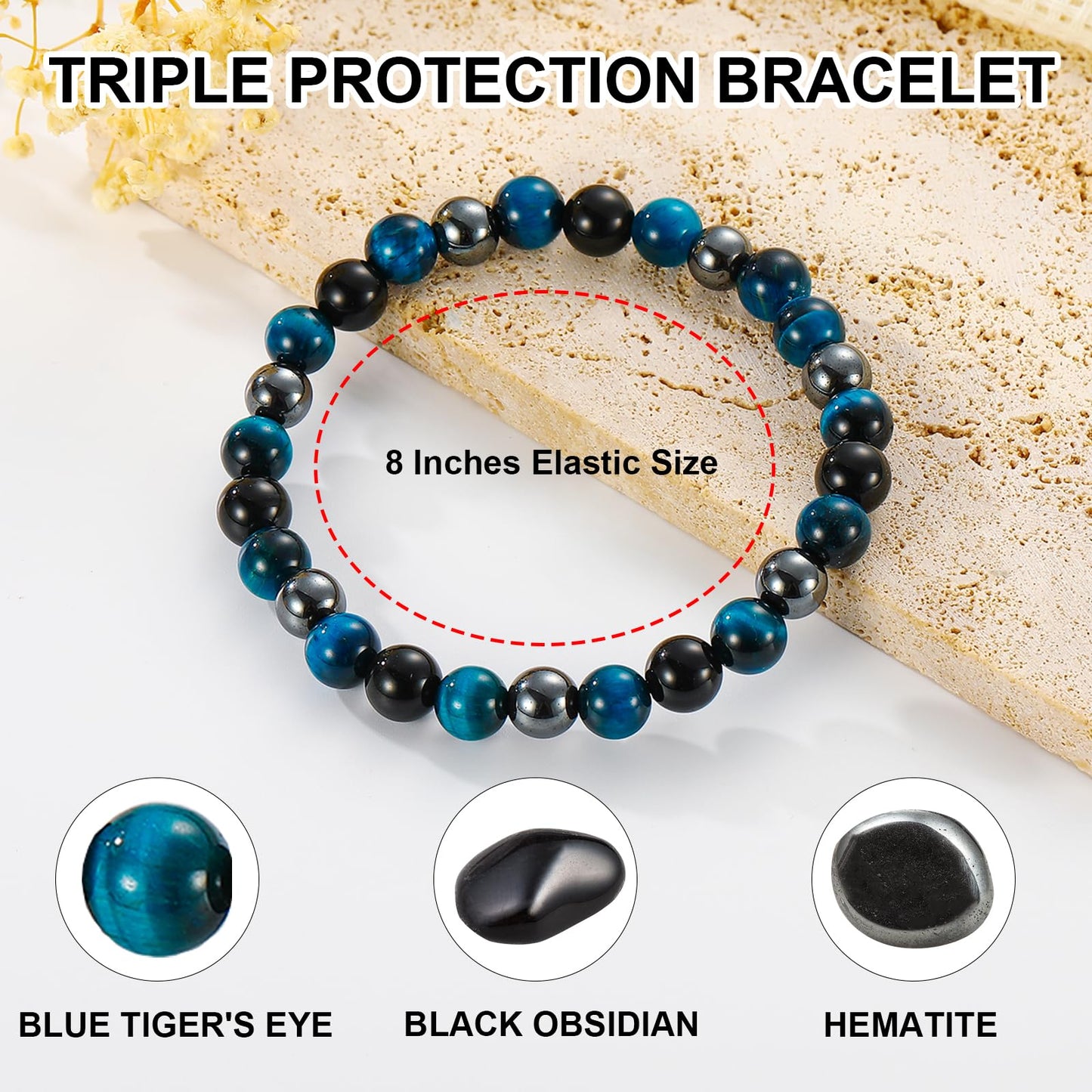 Gnamy Triple Protection Beaded Bracelet Bule Tiger Eye Hematite Bracelets Black Obsidian Bracelets Birthday Anniversary Valentines Healing Jewelry Gifts for Husband Boyfriend Lover Man