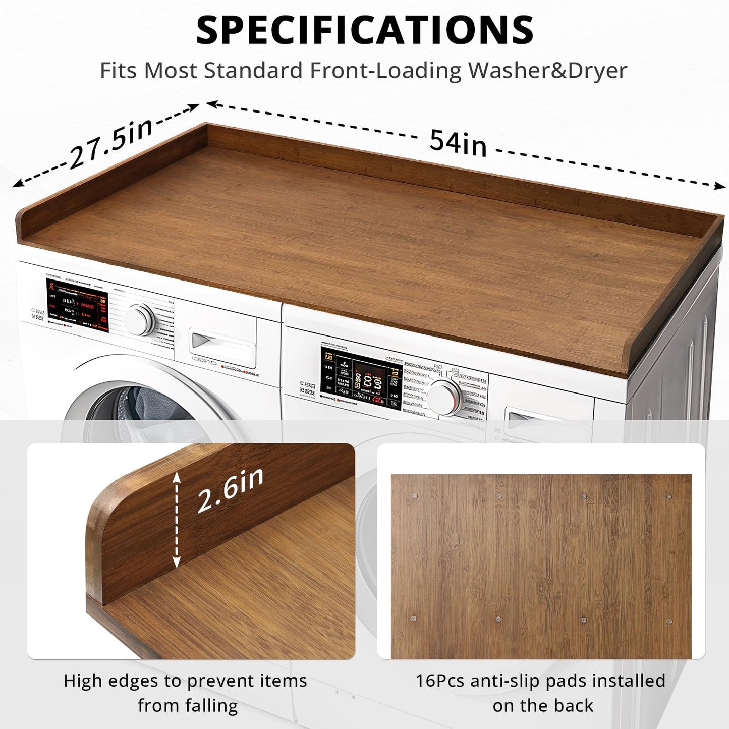 Gashell Washer Dryer Countertop, 27.5" x 54" Bamboo Washer and Dryer Countertop for Laundry Room Organization(Retro Brown)