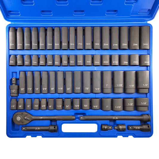 GOSWIFT 70pcs 1/2" Drive Impact Socket Set, Cr-V Steel, SAE & Metric, Standard/Deep Sockets with 72 Teeth Ratchet Handle, Extension Bar, and Adapters