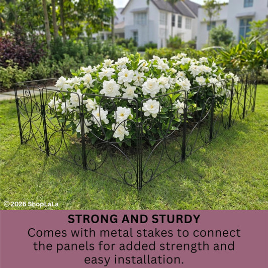 ShopLaLa Garden Fencing (10 Panels) 12.5in(L) x 16.5in(H) Rustproof Black Metal Wire Fence Animal Barrier for Dog, Decorative Floral Flower Bed Edging Landscape Border Yard Patio Outdoor Decor Fence