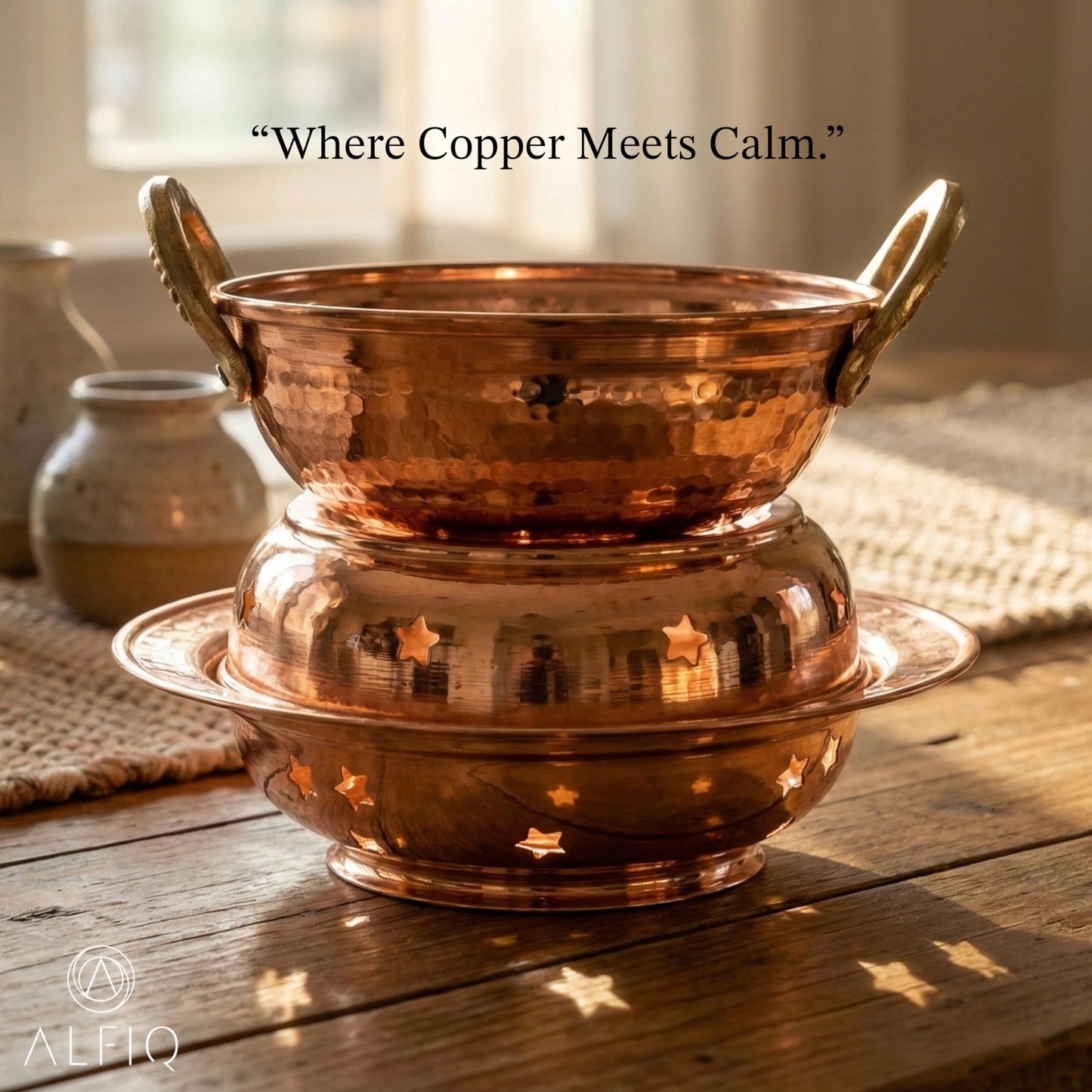 ALFIQ Solid Copper Oil Warmer Pot Set, Ayurvedic Massage Bowl with Stand for Spa & Aromatherapy, Handcrafted Hammered Finish, Premium Essential Oil Heater for Abhyanga, 100% Pure Copper