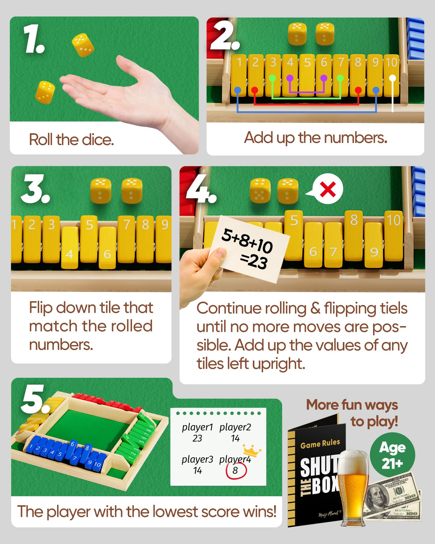 Maiji Planet Classic Original Shut The Box Game, Math Dice Board Game for Family Night Classroom Travel, Wooden Table for Group Kid Adult Senior, Camp Party Bar, Easy Quick and Fun, 2-4 Players