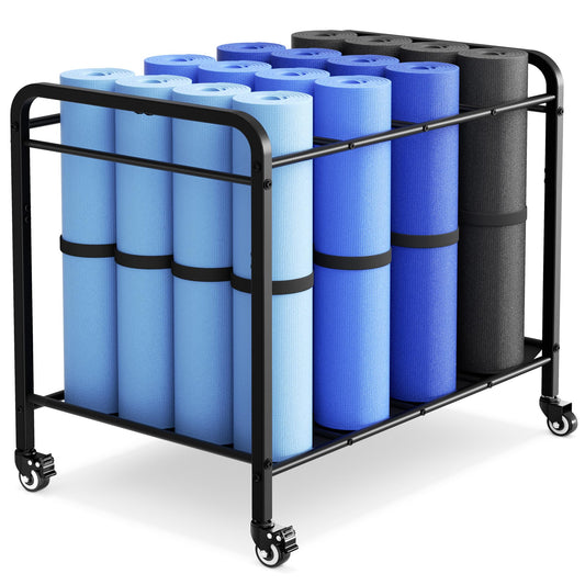 Black Yoga Mat Storage Rack Basket with Wheels, Floor-Standing Metal Yoga Mat Cart Workout Equipment for Foam Roller Dumbbells Kettlebells,in Gym,Fitness Classes, Yoga Studio & Home Gym