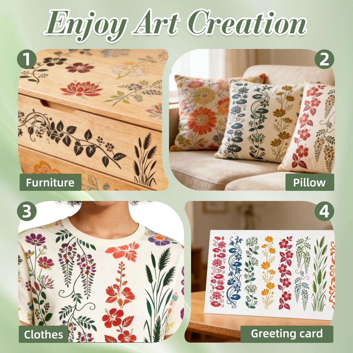 Flower Stencils for Crafts Reusable DIY Furniture Decor Art Painting Stencil 16Pcs Kit for Wood Embroidery Wall Silk Screen Journaling(11.8X2.9 Inch)