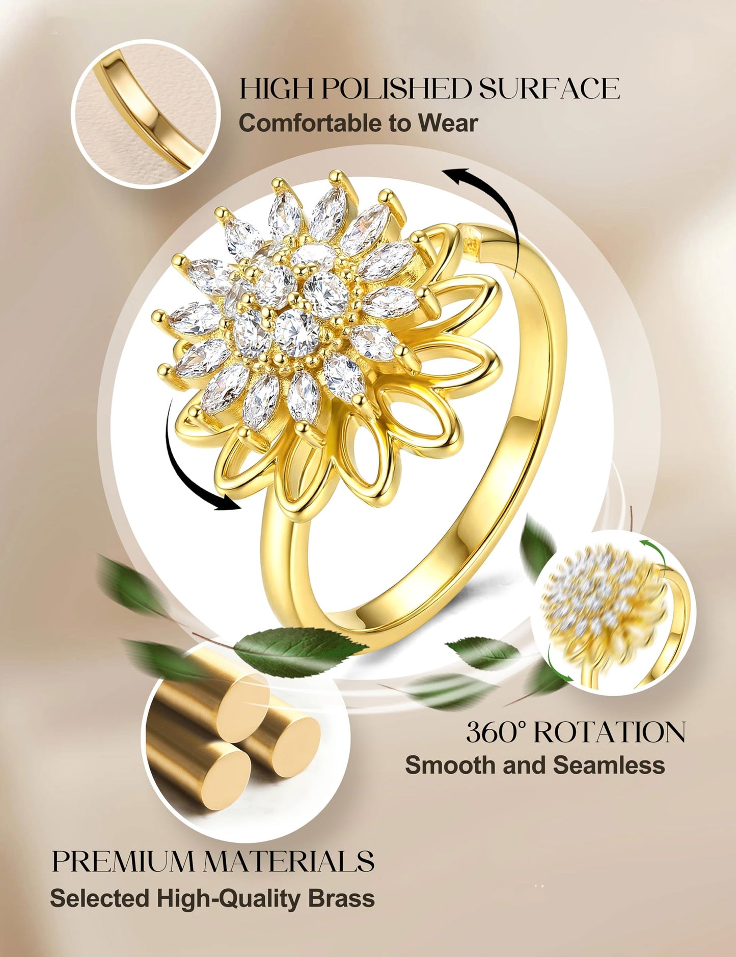 MILACOLATO 14K Gold Plated Fidget Ring for Women Adjustable Anxiety Rings Open CZ Butterfly Sunflower Bead Spinner Rings for Anxiety Stress Relief G