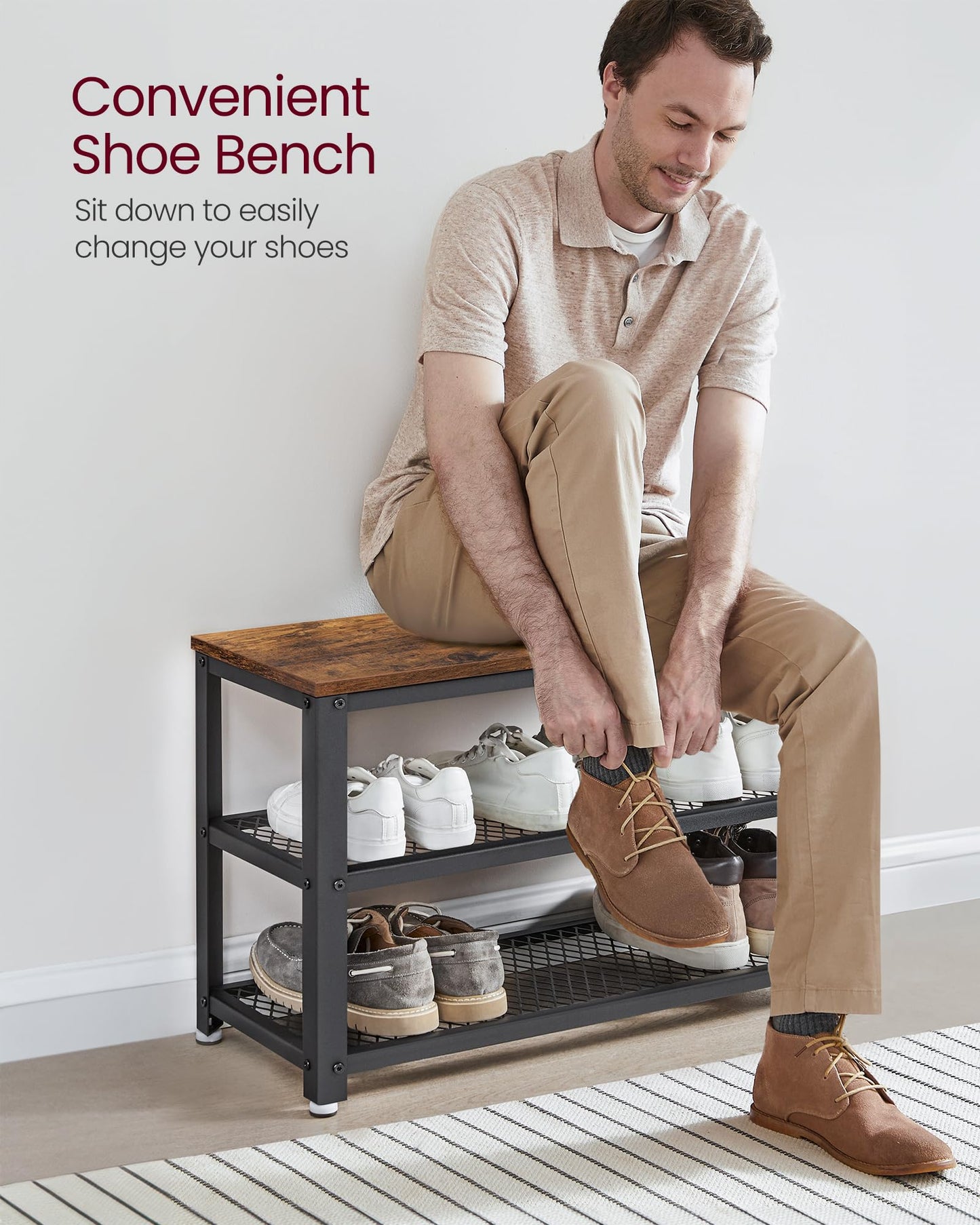 VASAGLE 3-Tier Shoe Rack, Shelf Storage Bench with Metal Mesh Shelves and Seat, Free Standing Shoe Organizer for Entryway, 11.8 x 28.7 x 17.7 Inches, Rustic Brown and Black ULBS73X