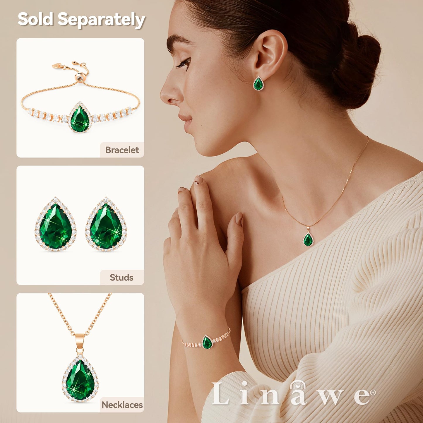 Linawe Emerald Crystal Chain Necklace for Women Trendy Rose Gold, Green Imitation Diamond Pendant Cubic Zirconia Birthstone Rhinestone Teardrop, Preppy Boho Jewelry