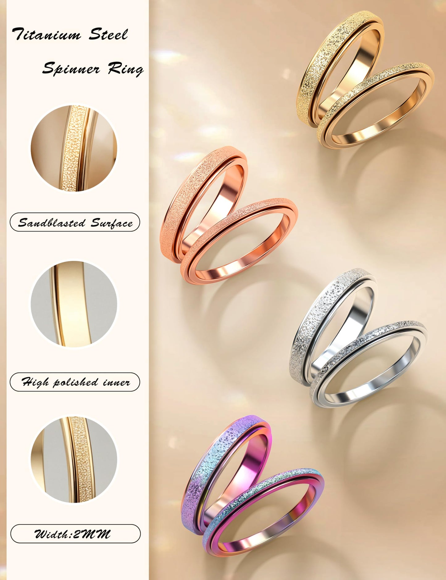 Diamday Fidget Rings for Women Men - 2mm Gold Spinner Stainless Steel Ring for Anxiety Stress Relief Glitter Sandblast Spinning Figit Anxiety Jewelry for Wedding Promise Size 9