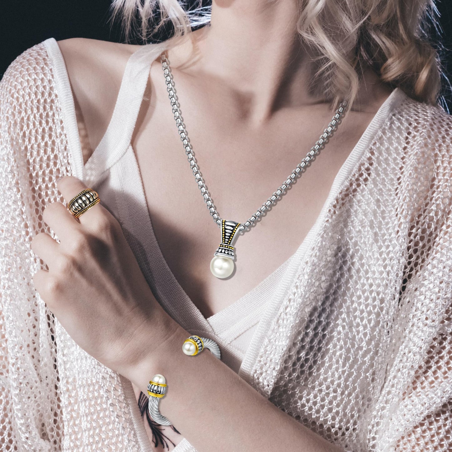 UNY JEWEL Jewelry Make a Statement Two Tone Twisted Cable Wire Caviar Imitation Pearl Cuff Bangle Makes a Stylish Christmas Gift (Silver Cream)