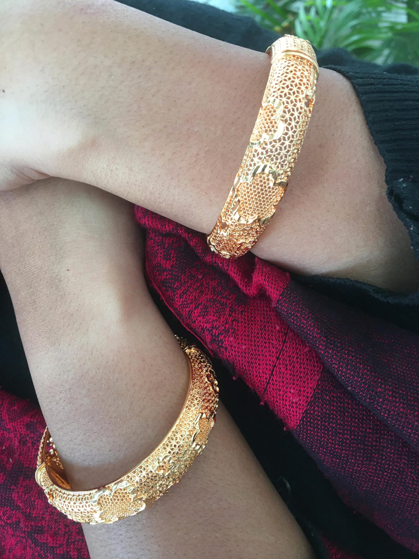 Touchstone NEW Indian Bollywood Handcrafted Exclusive Mesh Floral Designer Jewelry Thick Openable Kada Bracelets Bangle. Set of 2. in Antique Gold Tone for Women.