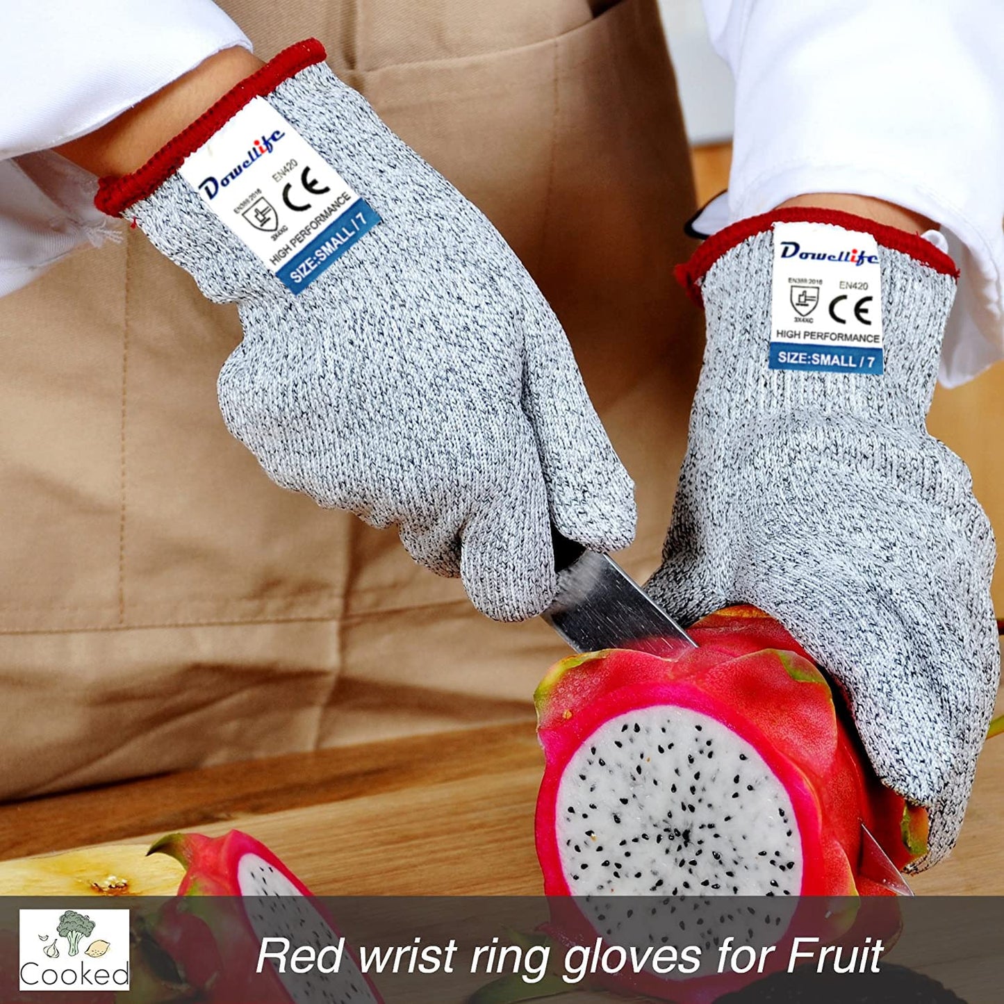 Dowellife Cut Resistant Gloves Food Grade Level 5 Protection, Safety Kitchen Cuts Gloves for Oyster Shucking, Fish Fillet Processing, Mandolin Slicing, Meat Cutting and Wood Carving. (Large-2 Pairs)