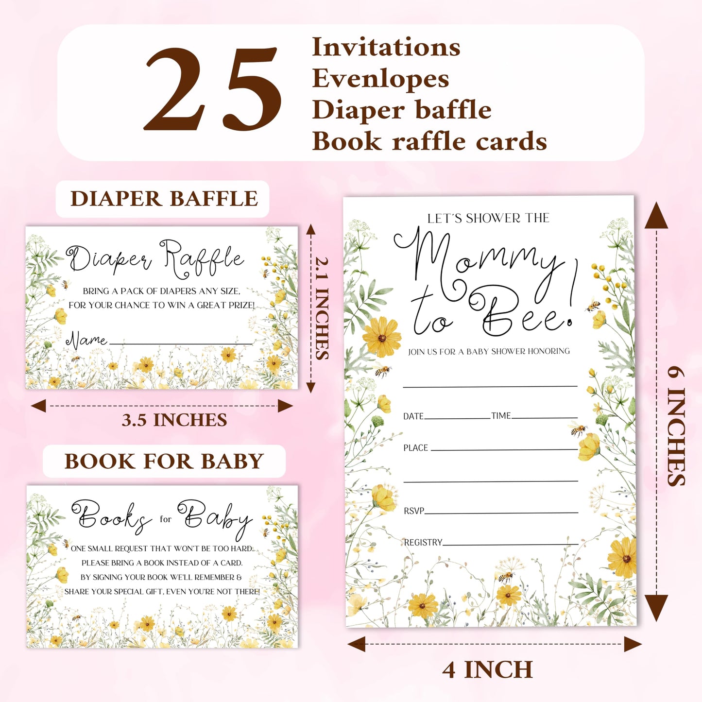 Mommy To Bee Baby Shower Invitation With Envelopes, Diaper Raffle Tickets, Books Request Cards, Honey Bee Baby Shower Decorations Supplies Favors Set, Gender Reveal Party Invites, 25 Cards Each -06