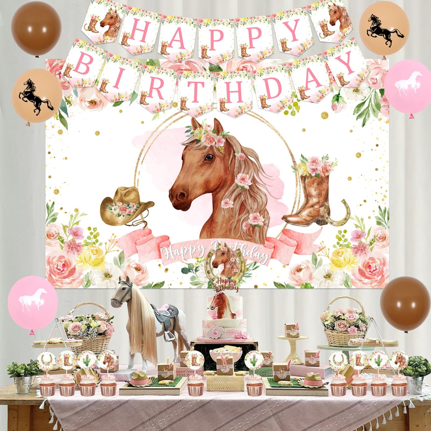 Fangleland Horse Birthday Party Decorations Kit for Girls - Themes Banner & Photo Backdrop, Cake Cupcake toppers, Racing Balloons, Western Cowgirl Happy Supplies