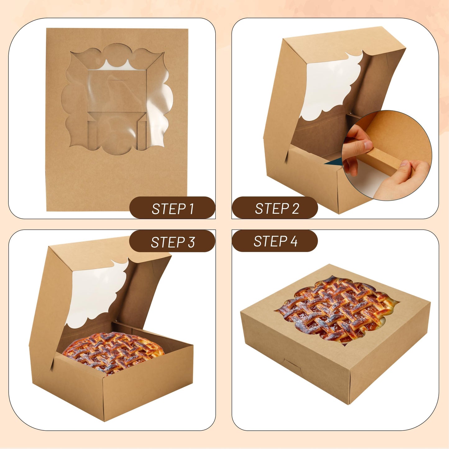NPLUX 20 Pack Pie Boxes 10x10x3inch Bakery Boxes with Window Dessert Pastry Boxes Pie Boxes 10 inch for Pies Cheesecake and Chocolate Covered Strawberries,Mothers Day Party Favors(Brown)