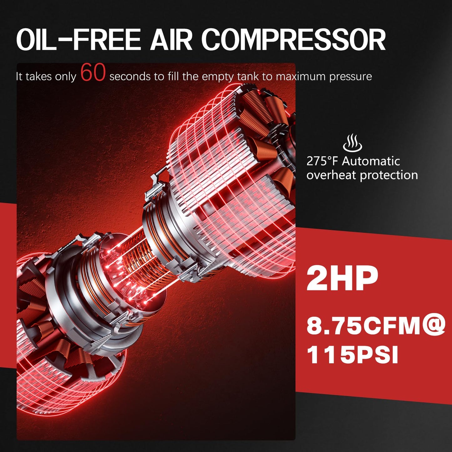 Baotree 14 Gallon Ultra Quiet Air Compressor with Two Quick Couplers, 2HP 8.75 CFM, Max 115 PSI Pressure Oil-Free Air Compressor Tank, 70dB Quiet Compressor for Auto Repair, Tire Inflation