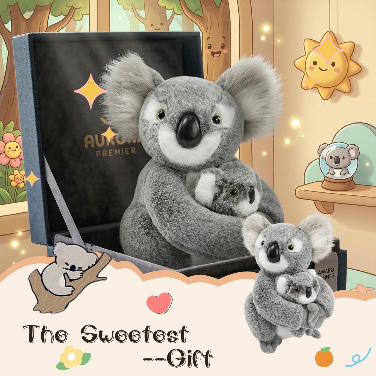 JUSTQUNSEEN 2PCS Koala Stuffed Animal with Baby Hugging Koala Bear Plush Toy 10 Inch Cute Soft Mom and Baby Plushies for Girls Girlfriend Women Valentines Day Gifts Kawaii Room Decor Love Present